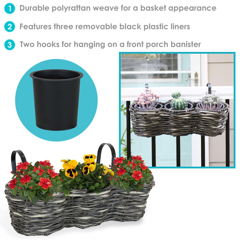 Sunnydaze Polyrattan Hanging Over-the-Rail Tri-Planter and Liner