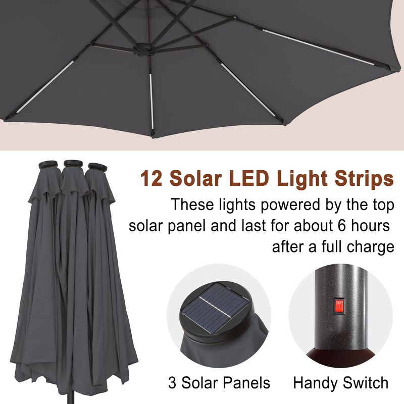 Mondawe 15 ft. Large Double-Sided Outdoor Twin Umbrella With Light Strip,Patio Market Umbrella with Crank and Base