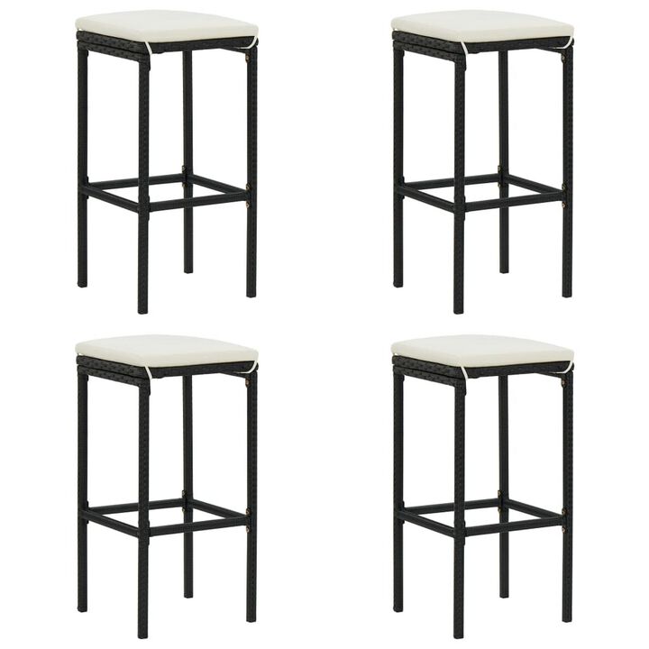 Outdoor Barstool Set of 4, Cream White Cushion, Black Poly Rattan - Benzara