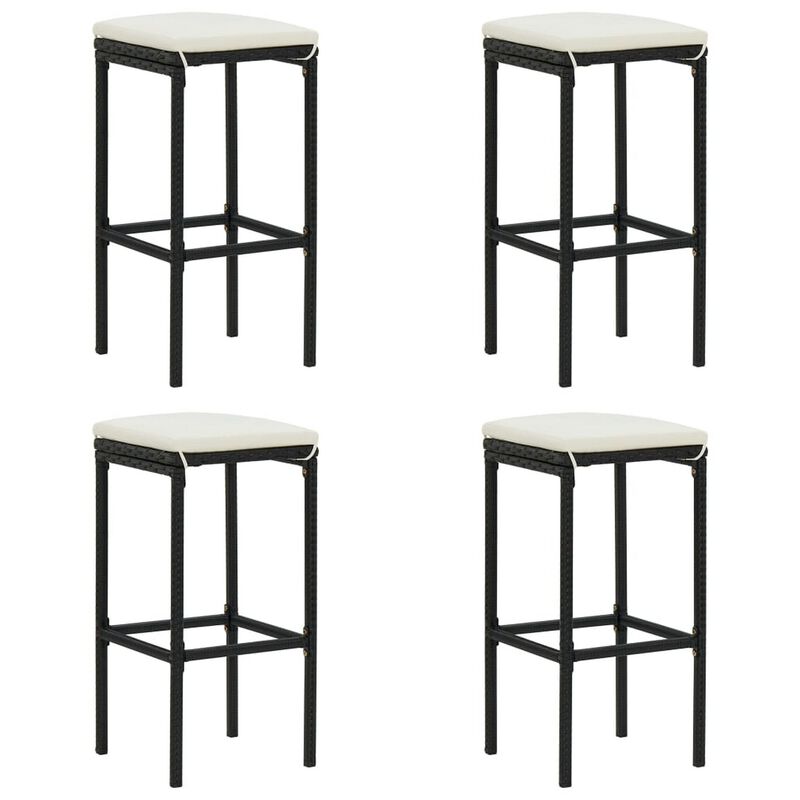 Outdoor Barstool Set of 4, Cream White Cushion, Black Poly Rattan - Benzara