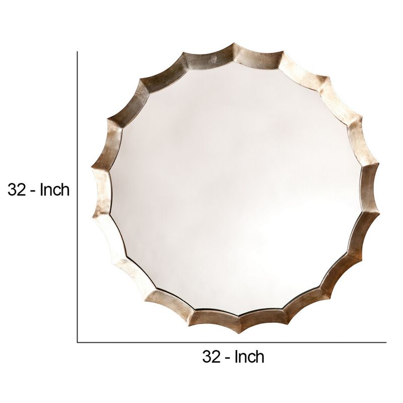 Round Mirror with Scalloped Metal Frame, Gold-Benzara
