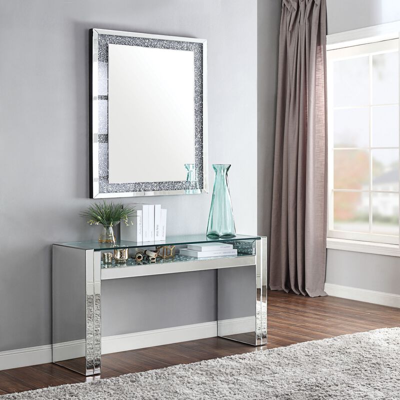 Wood and Mirror Sofa Table with Studded Faux Crystals, Clear-Benzara