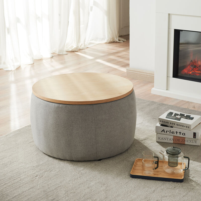 Round Storage Ottoman, 2 In 1 Function, Work As End Table And Ottoman, Dark