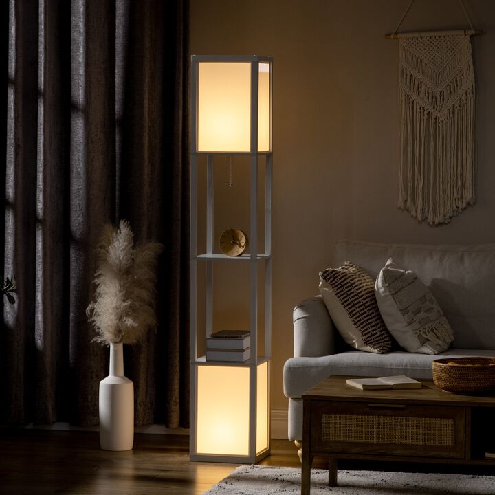 White Living Space Lighting: 2-Light Floor Lamp with Fabric Shade & Shelf