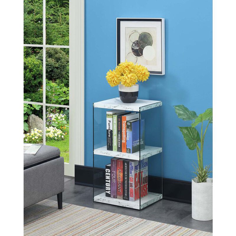 Convenience Concepts SoHo 3 Tier Tower Bookcase, White Faux Marble/Glass