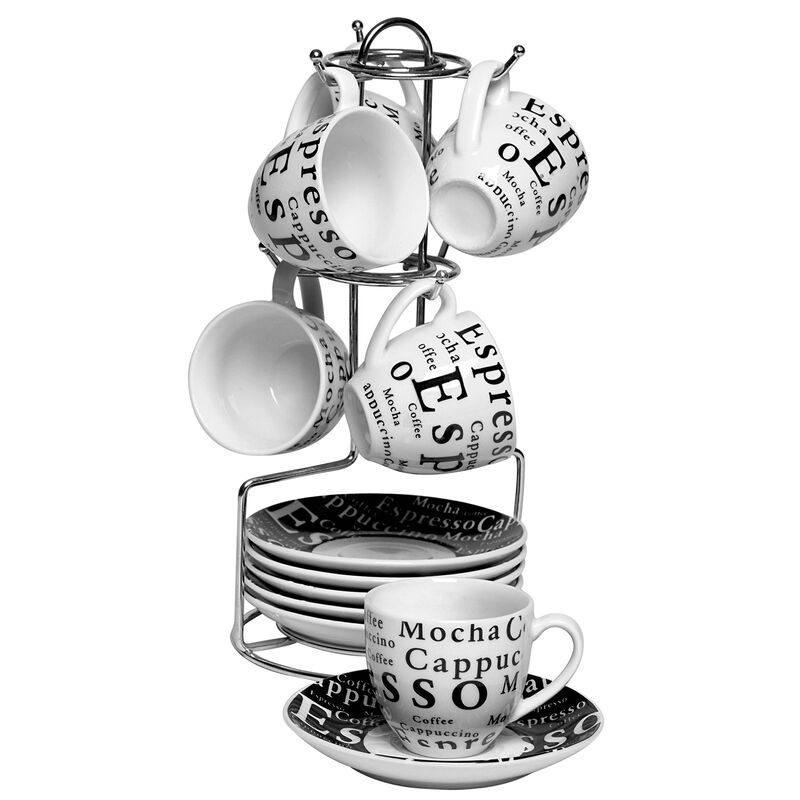 Gibson Espresso 13 Piece Small 3 oz Stoneware Coffee Cup Set with Wire Saucer Cup Rack