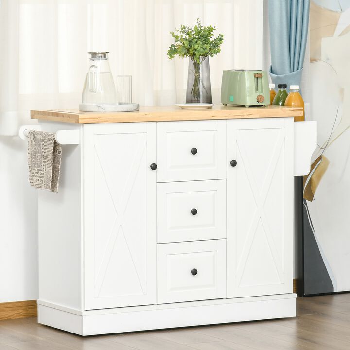 White Culinary Companion: Kitchen Island with Rubberwood Top & Storage