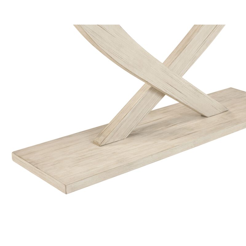 Rase 57 Inch Console Table, Cross Leg Design, Pedestal Base, Whitewash Wood - Benzara