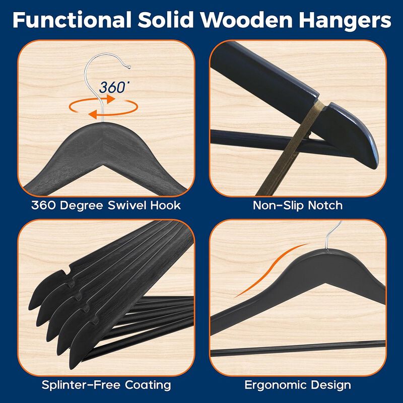 Wooden Clothes Hangers - 60 Pack, Durable, Non-Slip, Space-Saving Hangers for Dresses, Coats, and More, Holds Up to 10 lbs with 360° Swivel Hook, Black Finish