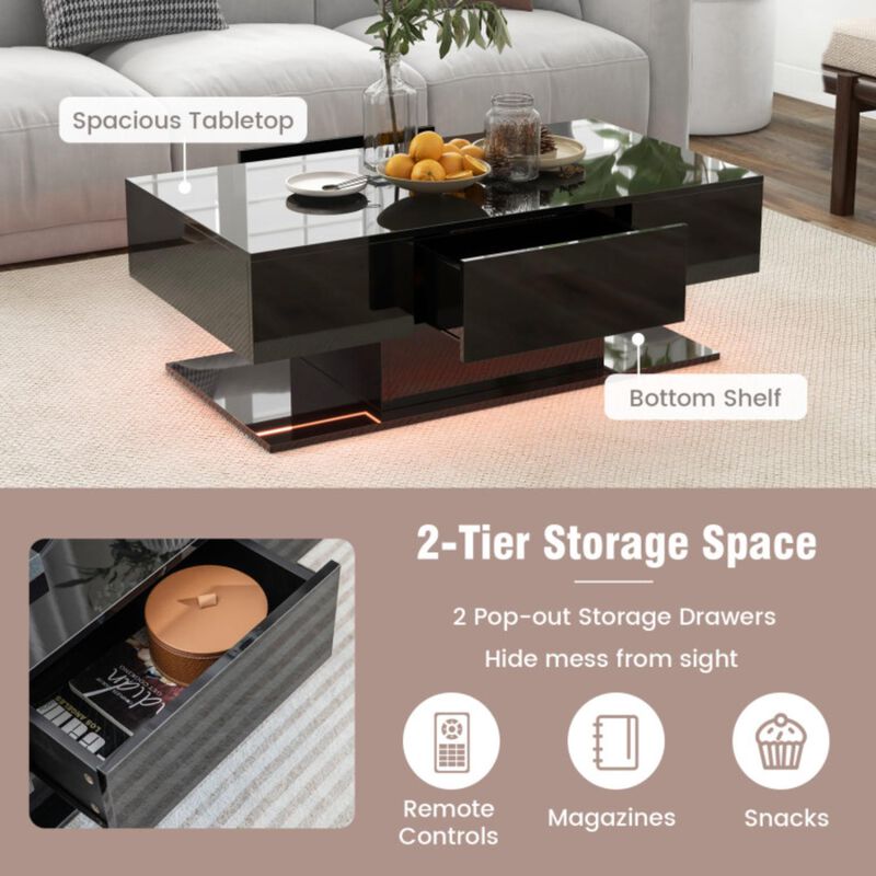 Hivvago Modern LED Coffee Table with 20 Color LED Lights and 2 Storage Drawers