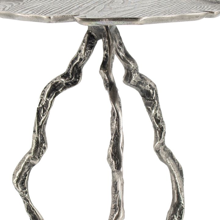 24 Inch Accent Table, Aluminum Metal Branch Tripod Legs, Antique Silver - Benzara