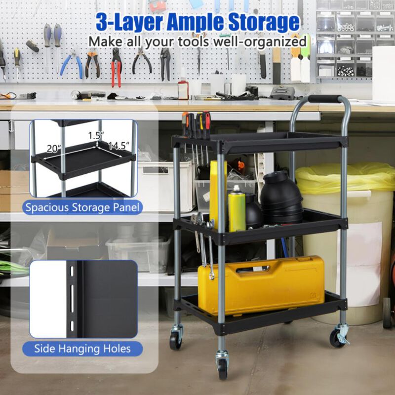 Hivvago 3 Layer Tool Cart with PP Shelves Sponged Handle and Swivel Wheel