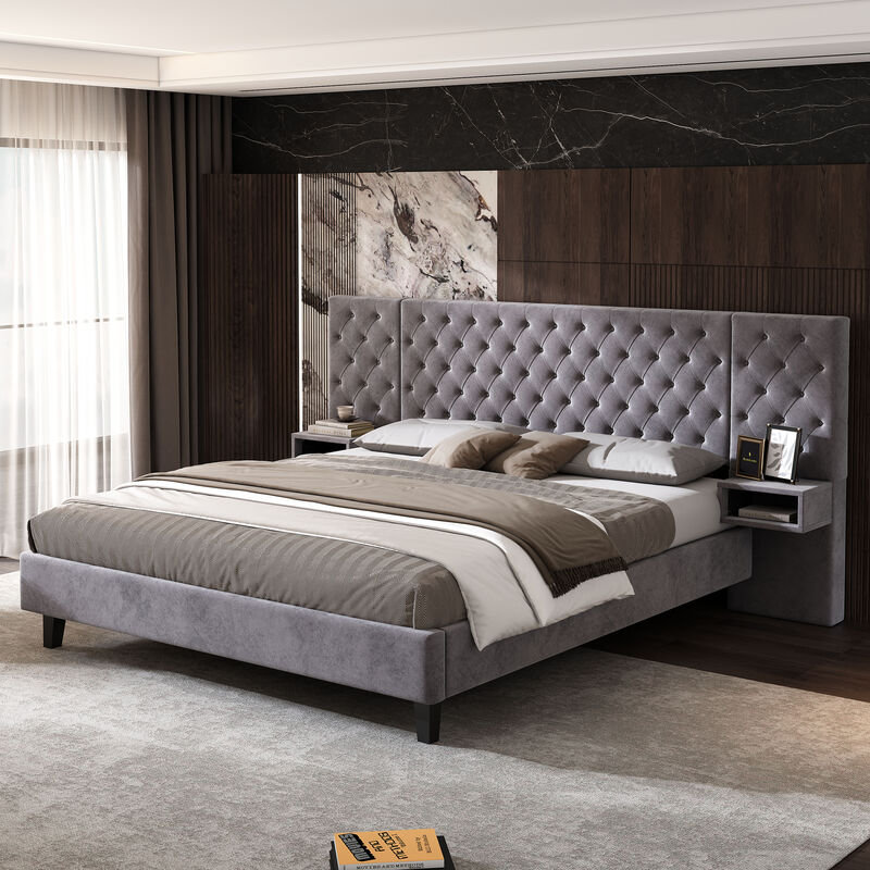 Merax Modern Velvet Upholstered Platform Bed with Headboard
