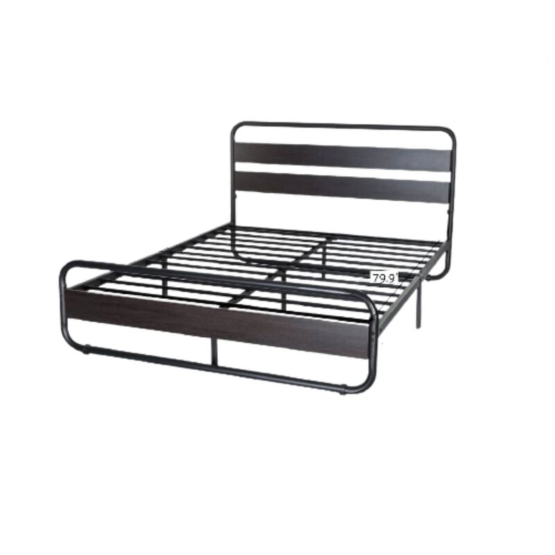 Hivvago Queen Heavy Duty Round Metal Frame Platform Bed with Black Wood Panel Headboard