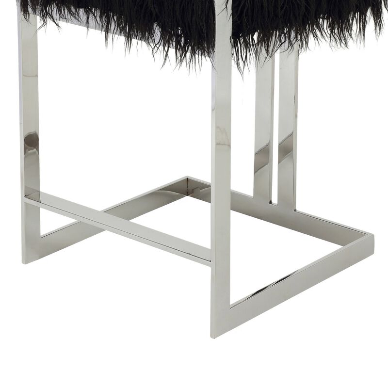 Suki 26 Inch Counter Stool Chair, Black Faux Fur, Silver Stainless Steel - Benzara
