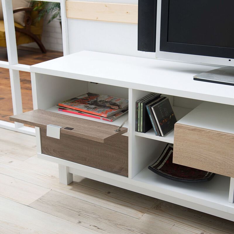 Hivvago Modern 70 inch White TV Stand Entertainment Center with Natural Wood Accents