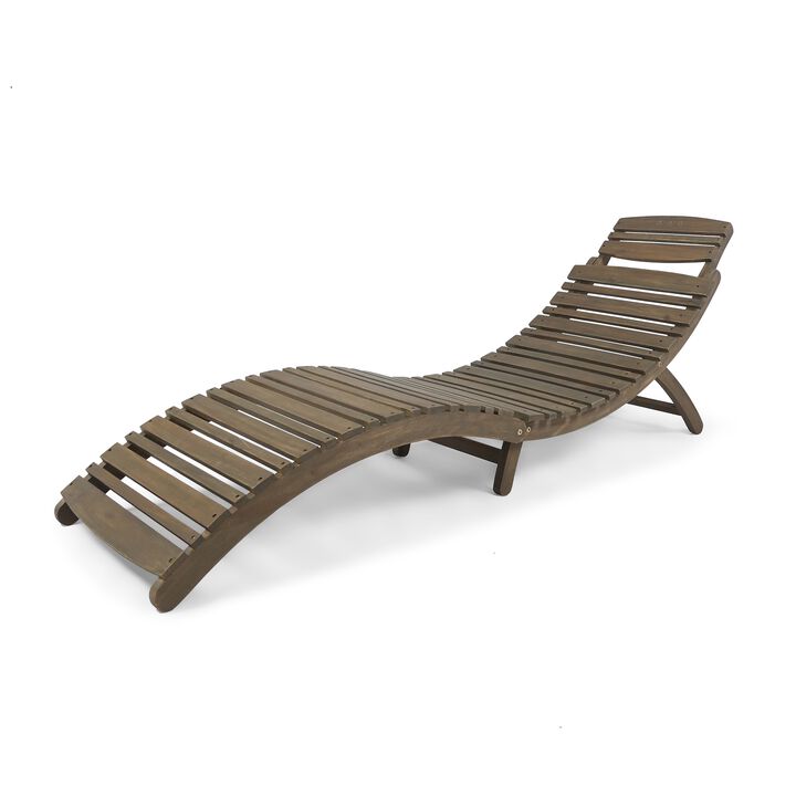 Hanie Outdoor Foldable Chaise Lounger, 73 Inch, Slatted Gray Acacia Wood