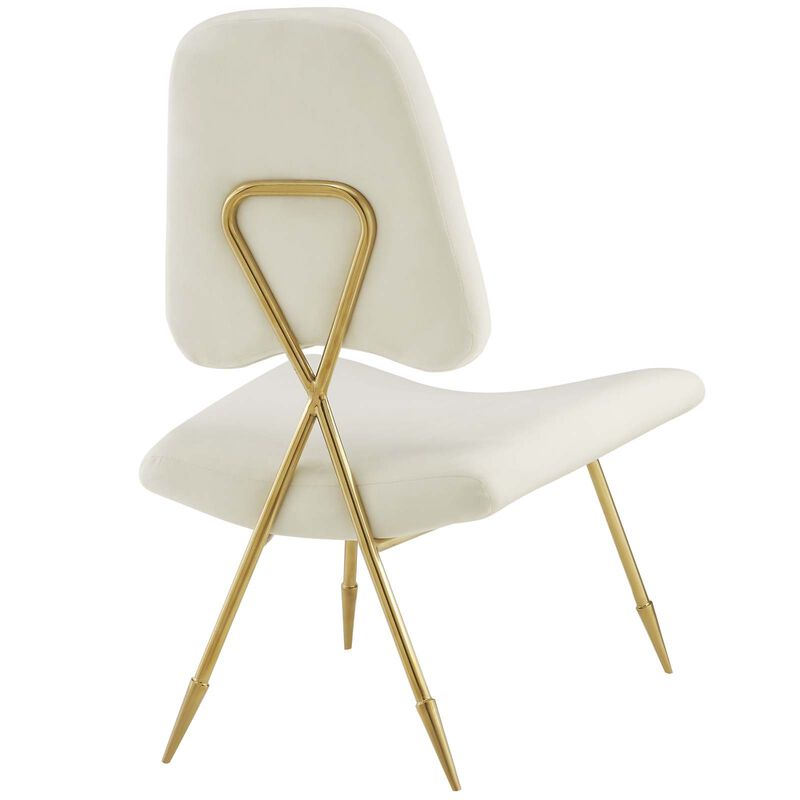Modway Ponder Performance Velvet Upholstered Modern Lounge Accent Chair in Ivory with Gold Stainless Steel Legs