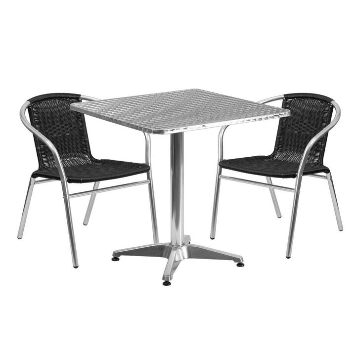 Flash Furniture 27.5'' Square Aluminum Indoor-Outdoor Table Set with 2 Black Rattan Chairs