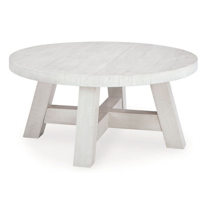 Linie Round Cocktail Coffee Table, Rustic Posts, 40 Inch White Pine - Benzara