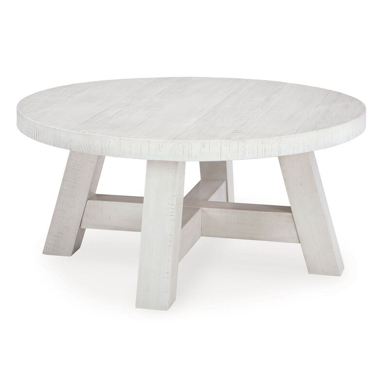 Linie Round Cocktail Coffee Table, Rustic Posts, 40 Inch White Pine - Benzara
