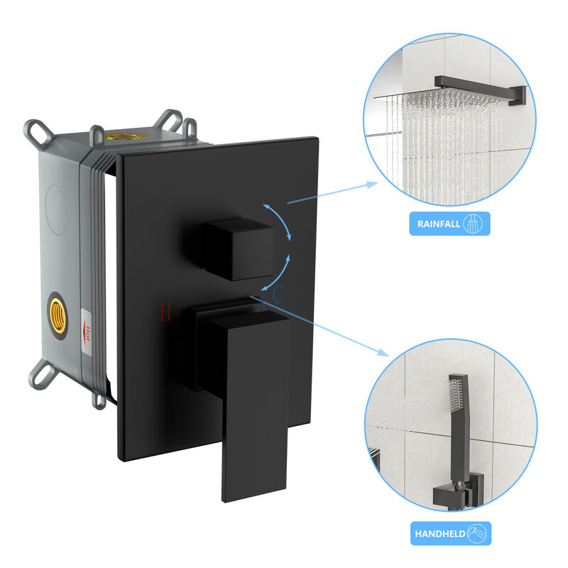12" Rain Shower Head Systems With Waterfall Tub Spout, Matte Black, Wall Mounted Shower 0000