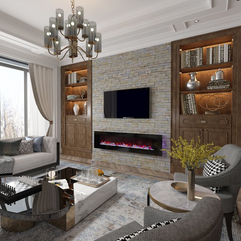 72 Inch 1500W Wall-Mount Fireplace with Multicolor Flame