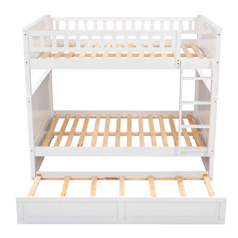 Full Over Full Bunk Bed With Twin Size Trundle, Pine Wood Bunk Bed With Guardrails, Gold