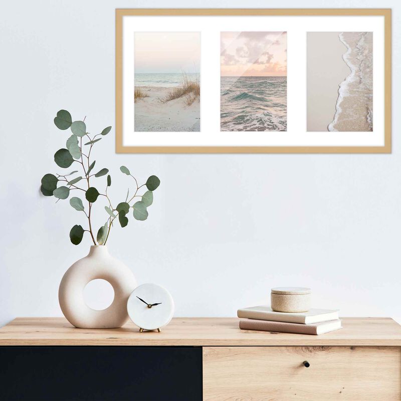 7.5x14.5 Wood Collage Frame with White Mat For 3 4x6 Pictures