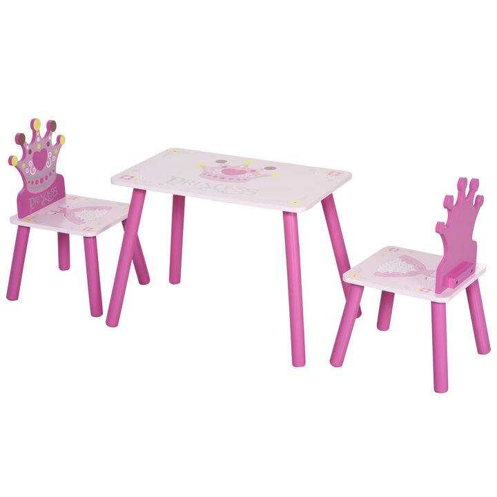 Pink Princess Set: Kids 3-Piece Wood Table and Chair with Crown Pattern