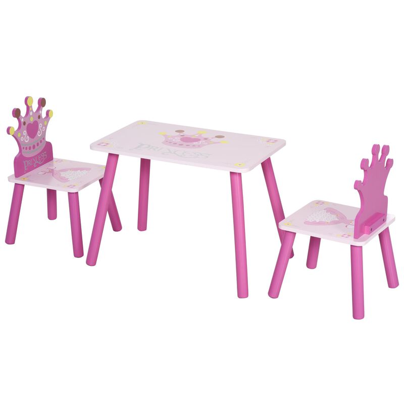 Pink Princess Set: Kids 3-Piece Wood Table and Chair with Crown Pattern