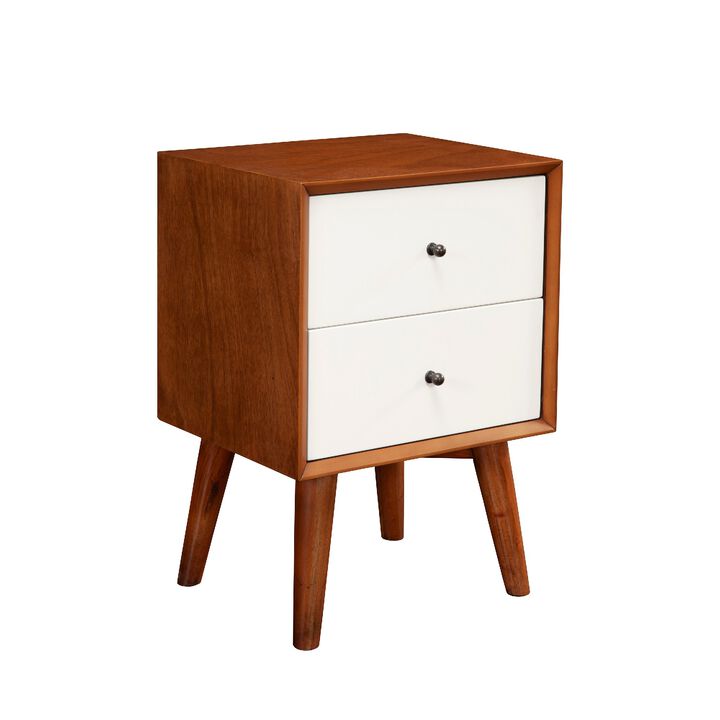 Stylish Wooden Nightstand With Two Drawers and Flared Legs, Brown and White-Benzara