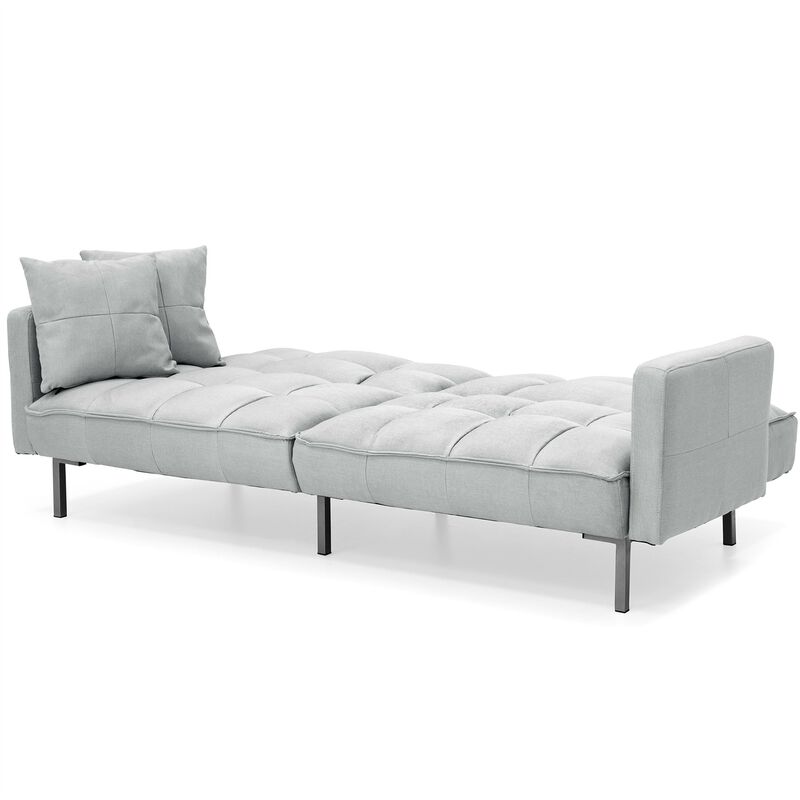 Split Back Design Convertible Linen Tufted Futon w/ 2 Pillows