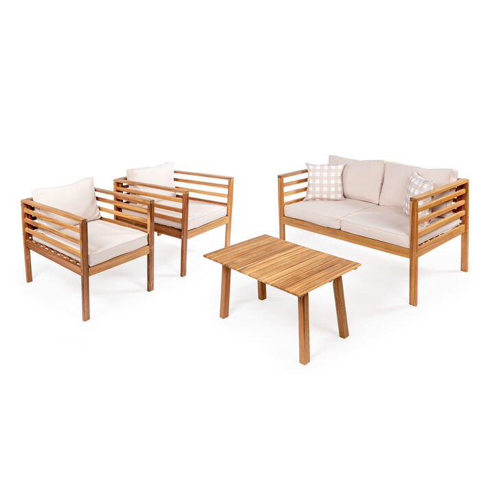 Thom 4-Piece Mid-Century Modern Acacia Wood Outdoor Patio Set with Cushions and Plaid Decorative Pillows