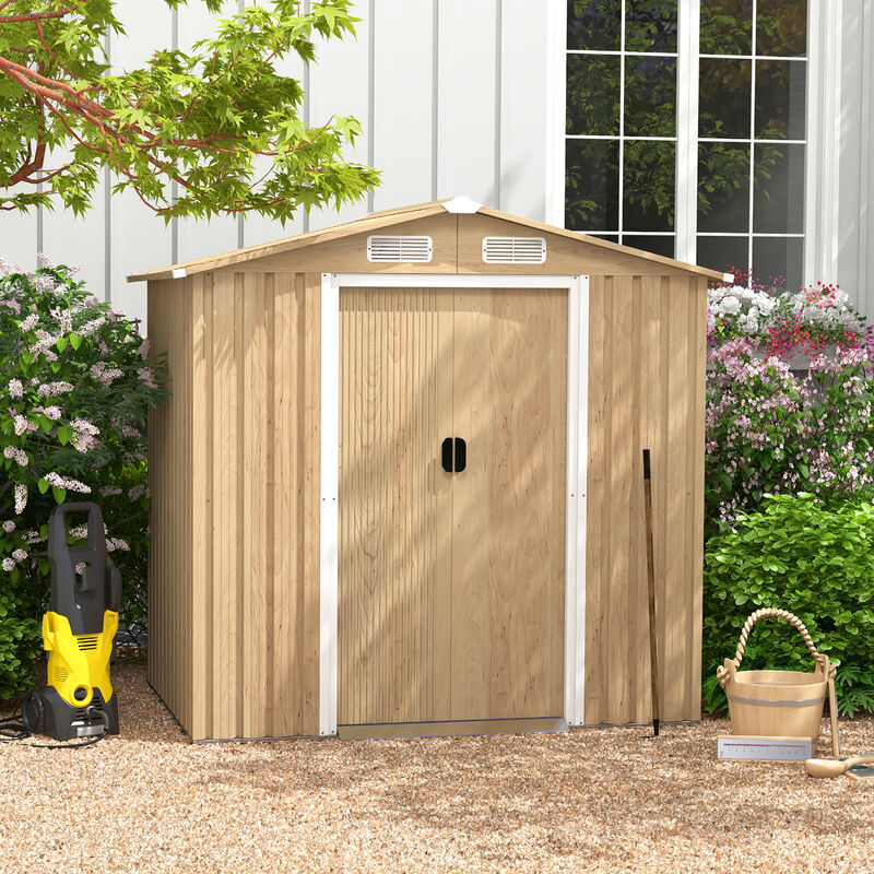 Weather Resistant Galvanized Steel Shed with Tilted Roof for Backyard Garden Patio Lawn-Natural