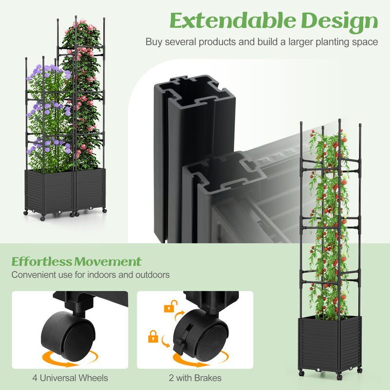 Raised Garden Bed with Obelisk Trellis and 3 Heights & Detachable PE-Coated Metal Tubes-Black