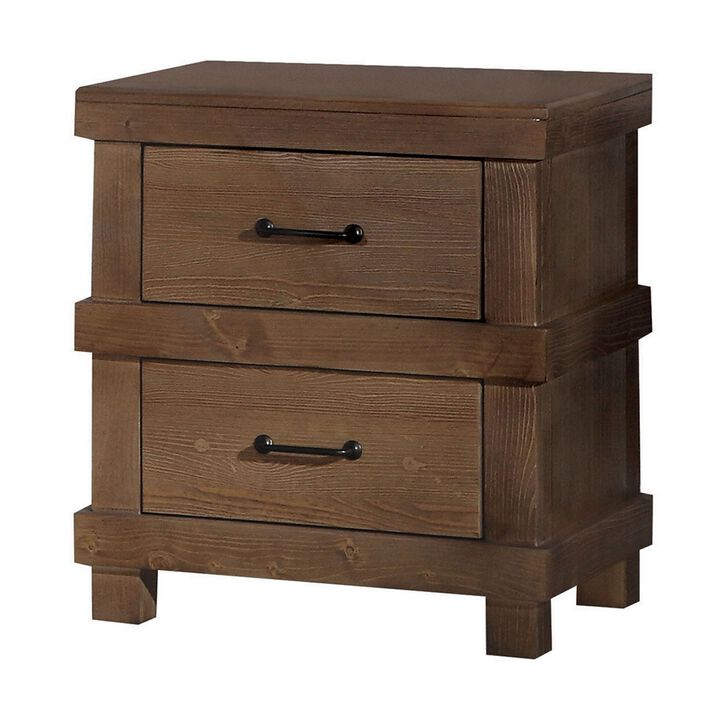 Two Drawer Nightstand With Metal Handle, Antique Oak-Benzara