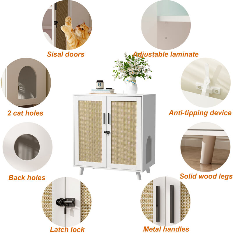 Modern Cat Litter Box Enclosure for Rooms, White Hidden Litter Box Furniture Cat Washroom Storage With Lock Sisal Door