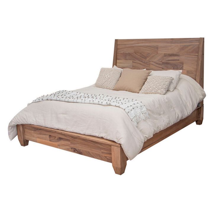 Neuv Queen Size Bed, Mango and Parota Wood, Grain Details, Rustic Brown - Benzara