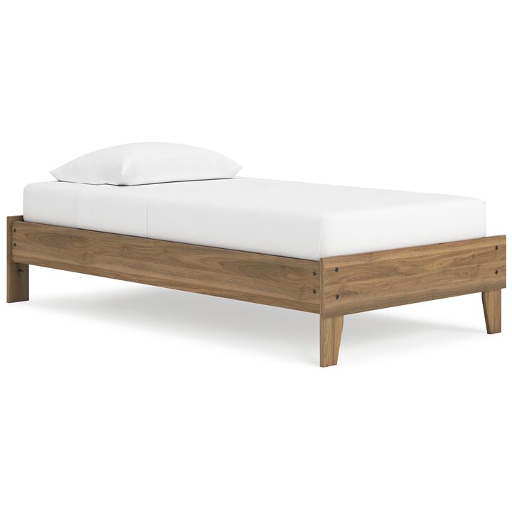 Deana Twin Platform Bed, Honey Brown Wood, Low Profile Tapered Legs - Benzara