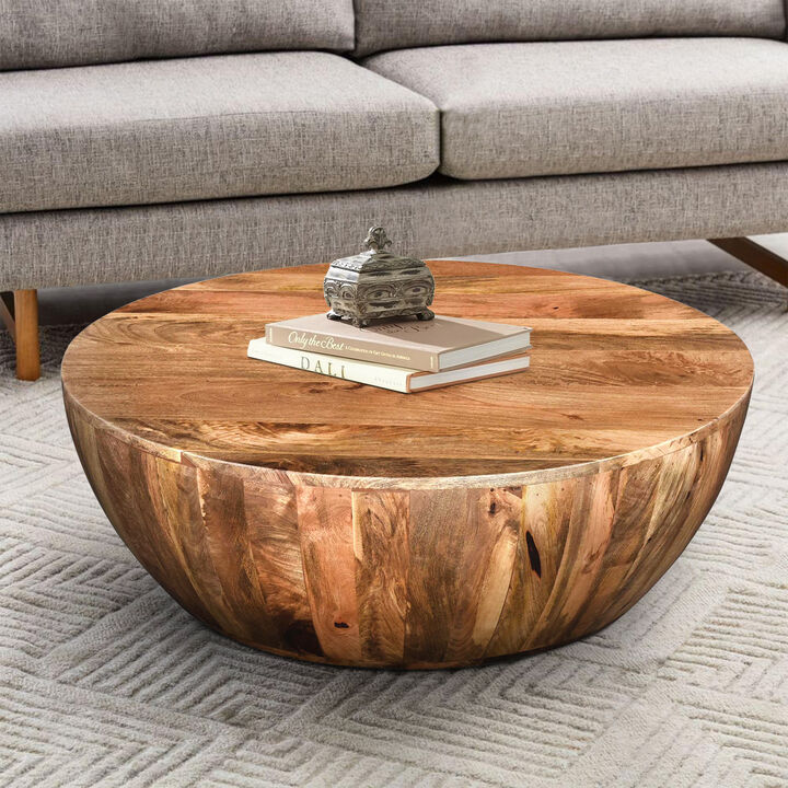 Mango Wood Coffee Table In Round Shape, Dark Brown-Benzara