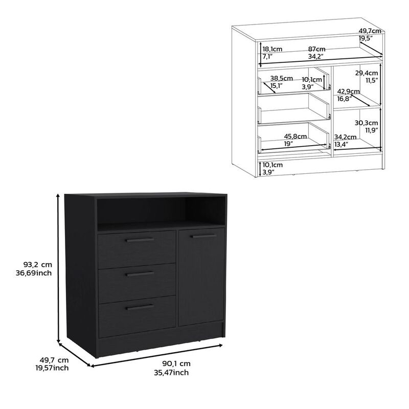 Dresser with Spacious 3-Drawer and Single-Door Storage Cabinet, Black