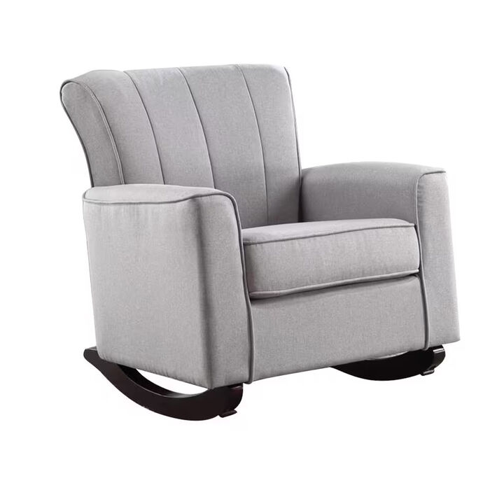 34 Inch Rocking Chair, Wood Frame, Vertical Channel Tufted Gray Linen - Benzara