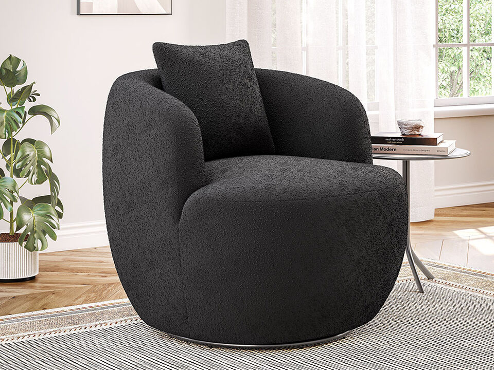 BELLEZE Wide Swivel Barrel Chair, Modern Round Boucle Swivel Armchair Curved Backrest Upholstered 360�Swivel Sofa Accent Chair with Pillow, Comfy Swivel Accent Chair for Living Room -Francisco (Black)