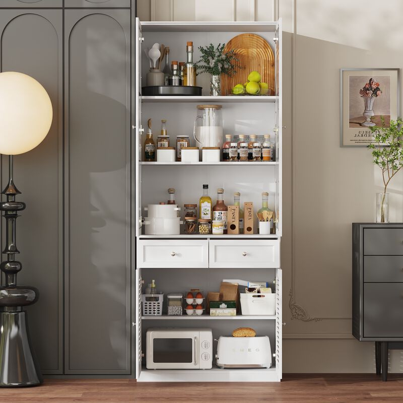 FUFU&GAGA Kitchen Pantry Cabinet with Glass Doors and Adjustable Shelves (31.5” W x 15.7” D x 78.7” H),White
