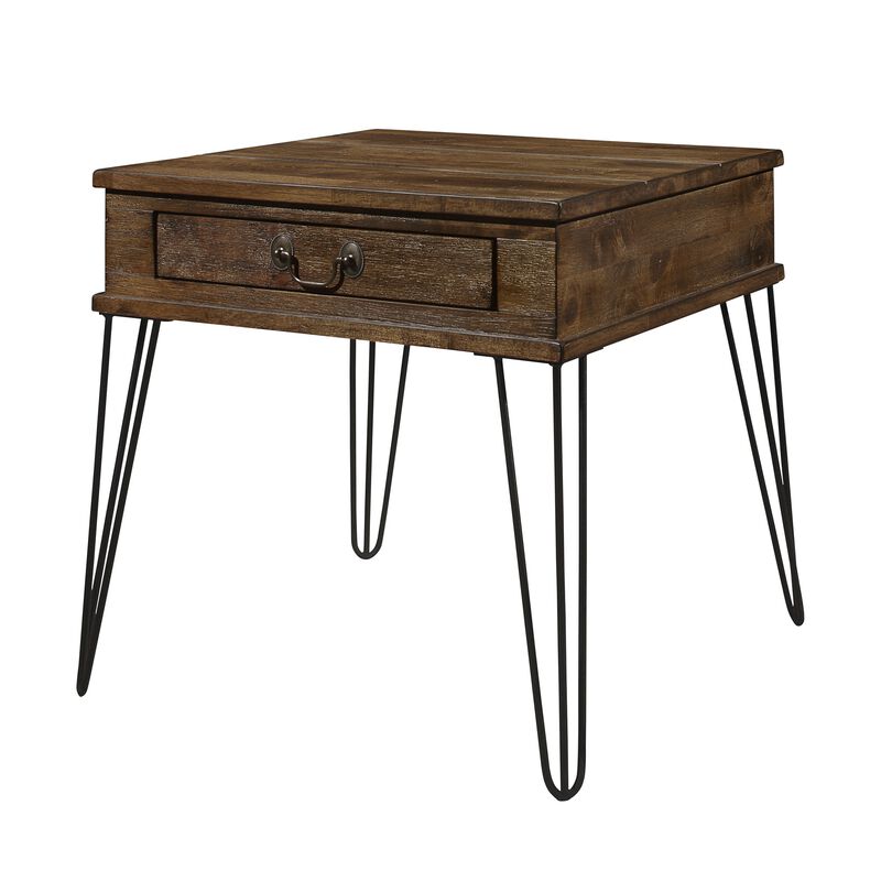 Itti 22 Inch Square Side End Table, 1 Drawer, Brown Solid Wood, Black - Benzara