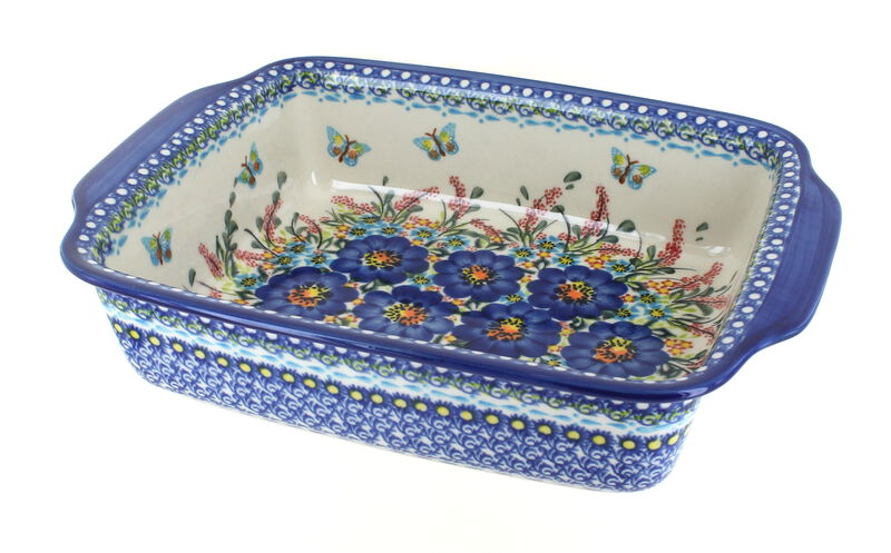 Blue Rose Polish Pottery Apple Blossom Medium Rectangular Baker with Handles