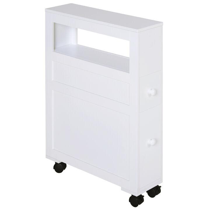 Wooden Rolling Narrow Bathroom Storage Side Cabinet w/ Slide-Out Shelf