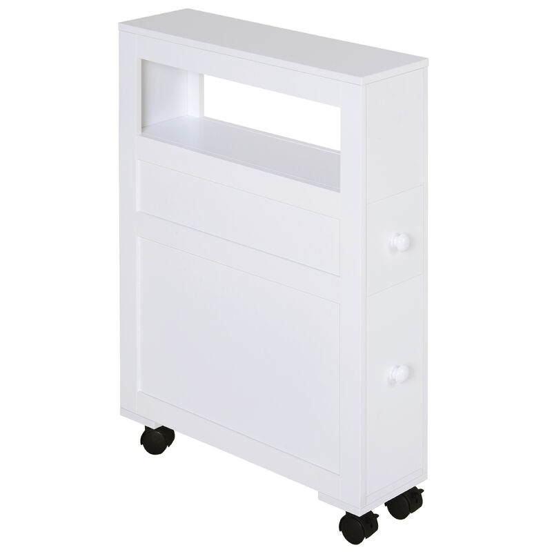 Wooden Rolling Narrow Bathroom Storage Side Cabinet w/ Slide-Out Shelf