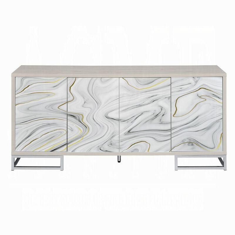 Anok Sideboard Console Cabinet, White Marble Look, Chrome, 65 Inch - Benzara
